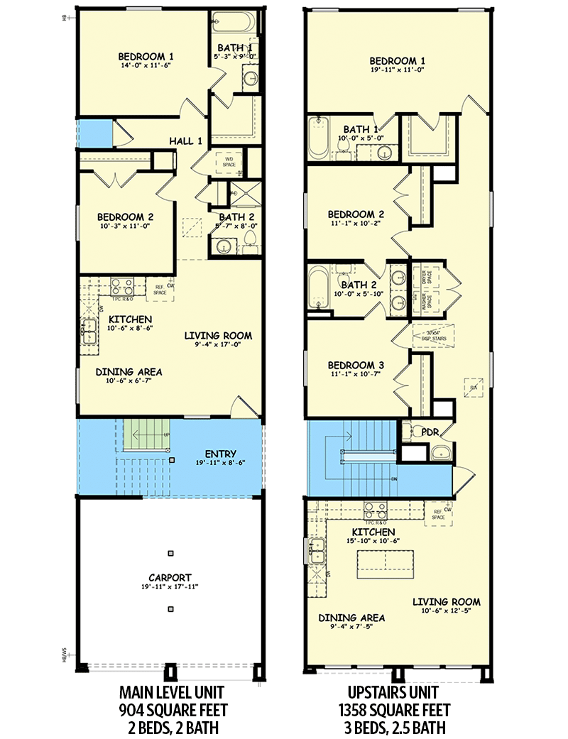 Plan 100313GHR: Two-Story Duplex House Plan with 2262 Square Foot 5 Beds - Floor Plan - Main Level and Upstairs Unit - Contemporary, Modern, Scandinavian