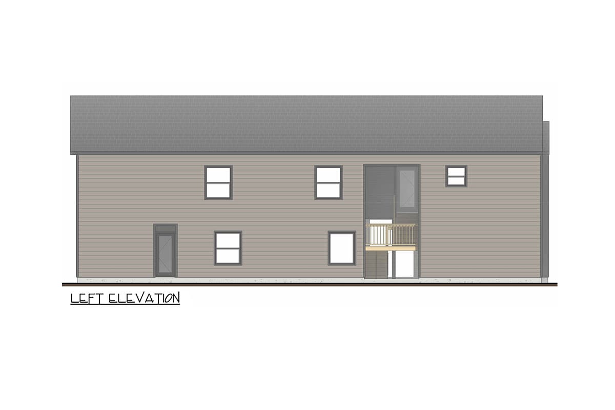 Left elevation drawing of a two-story house with siding, multiple windows, a door, and a second-story balcony.