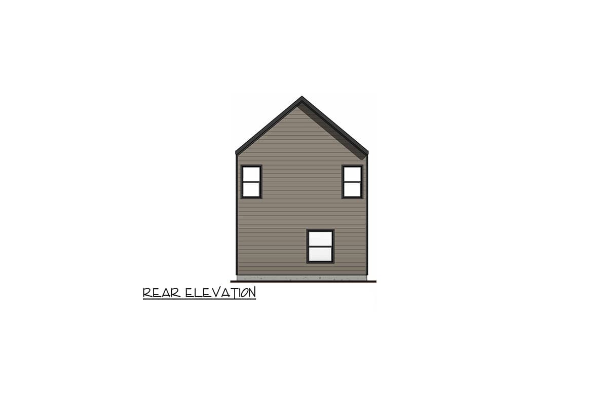 Rear elevation drawing of a two-story house with horizontal siding and three windows.