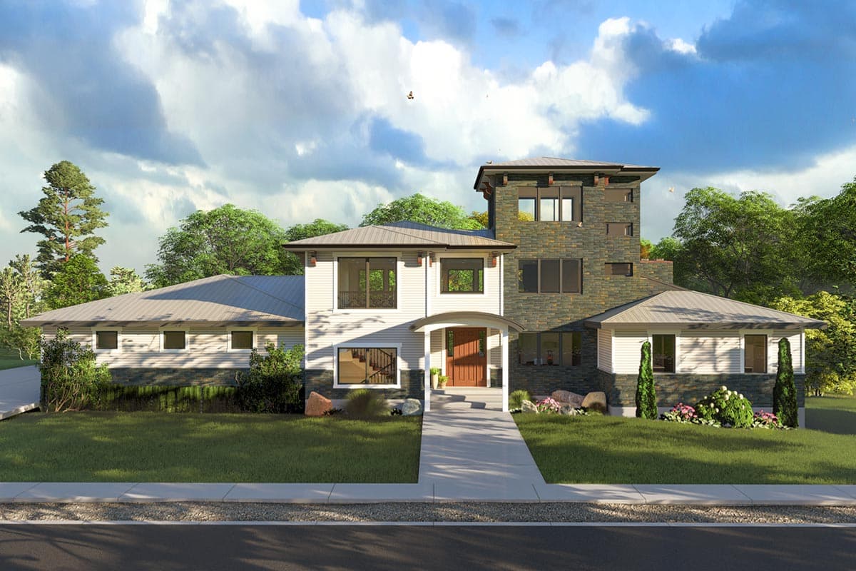 House plan exterior with modern design, two stories, featuring a flat roof, stone facade, and covered entry porch.