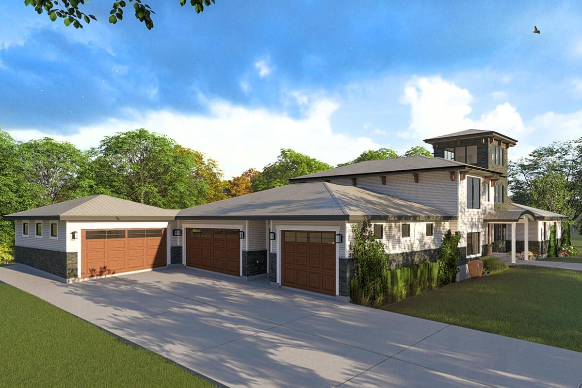 House plan exterior: Modern style, multi-level home with four-car garage, prominent tower element, and covered entry.