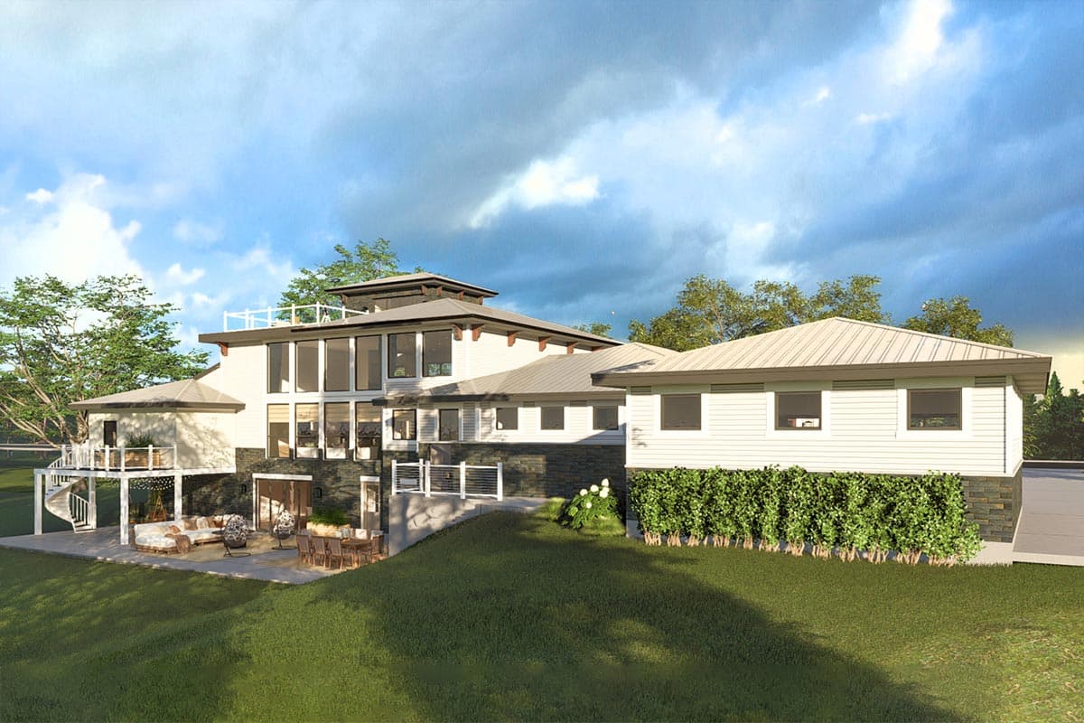 House plan exterior rendering of a multi-story modern home with large windows, a spiral staircase, and a rooftop deck.