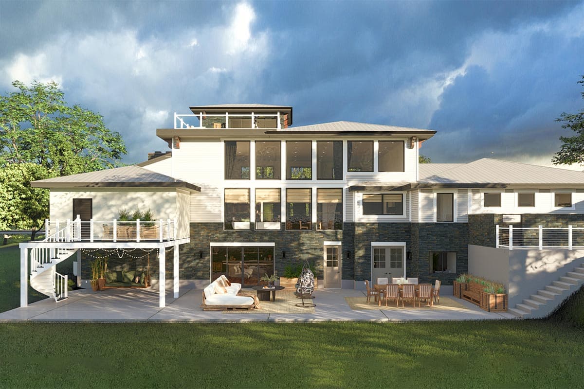 House plan exterior with multiple levels, expansive windows, stone accents, multiple balconies, and a rooftop deck.