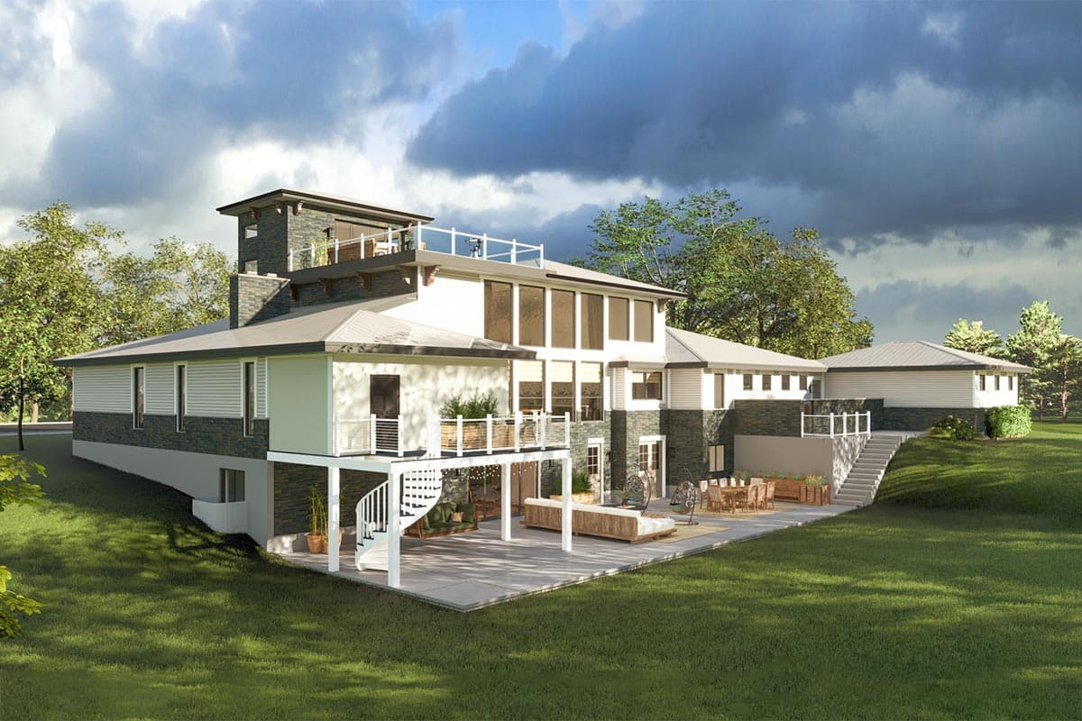 Modern house plan exterior with multiple levels, stone accents, balconies, a spiral staircase, and a rooftop deck.