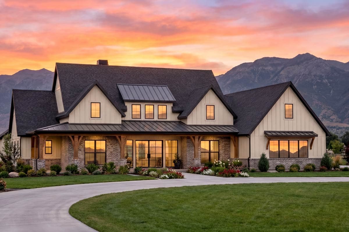 Plan 818073JSS: 4-Bed Modern Farmhouse Plan with Home Office and Vaulted Family Room - 3563 Sq Ft - Image #1 - Country, Farmhouse, Mid Century Modern, Modern Farmhouse