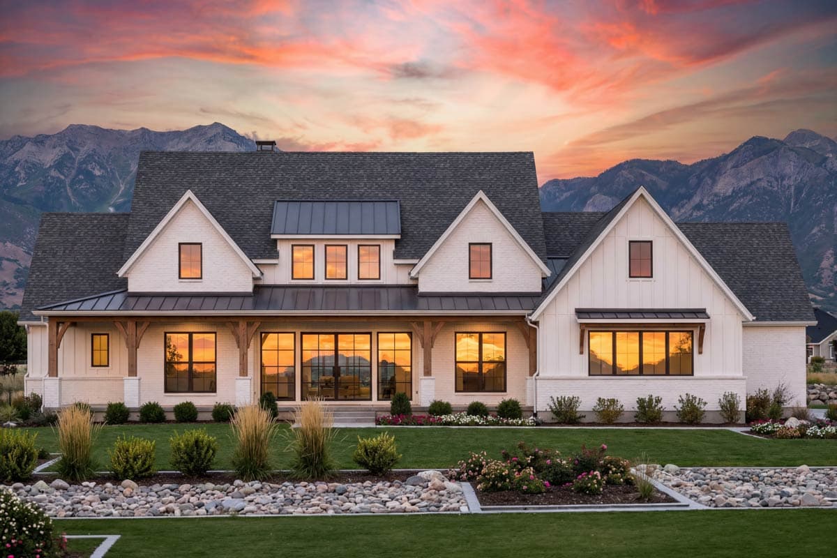 Modern Farmhouse house plan exterior with white brick, gables, metal roof, and large windows.