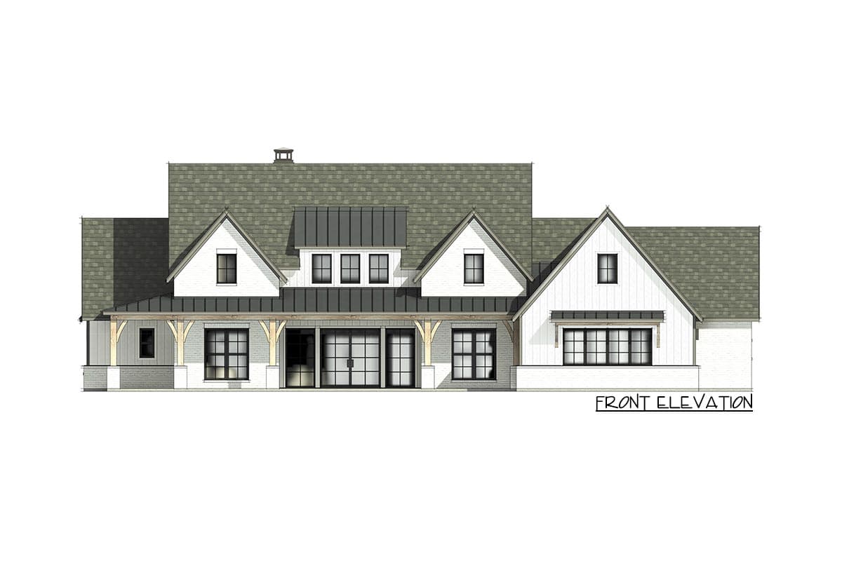 Front elevation of a modern farmhouse house plan with gables, metal roof dormers, and a covered porch.