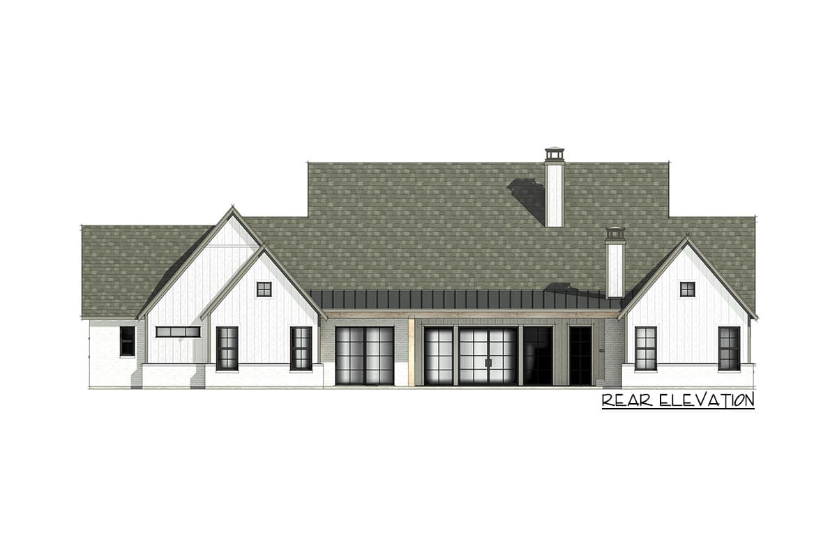 Rear elevation of a Modern Farmhouse plan, showing gables, dormers, multiple garage doors, and chimneys.