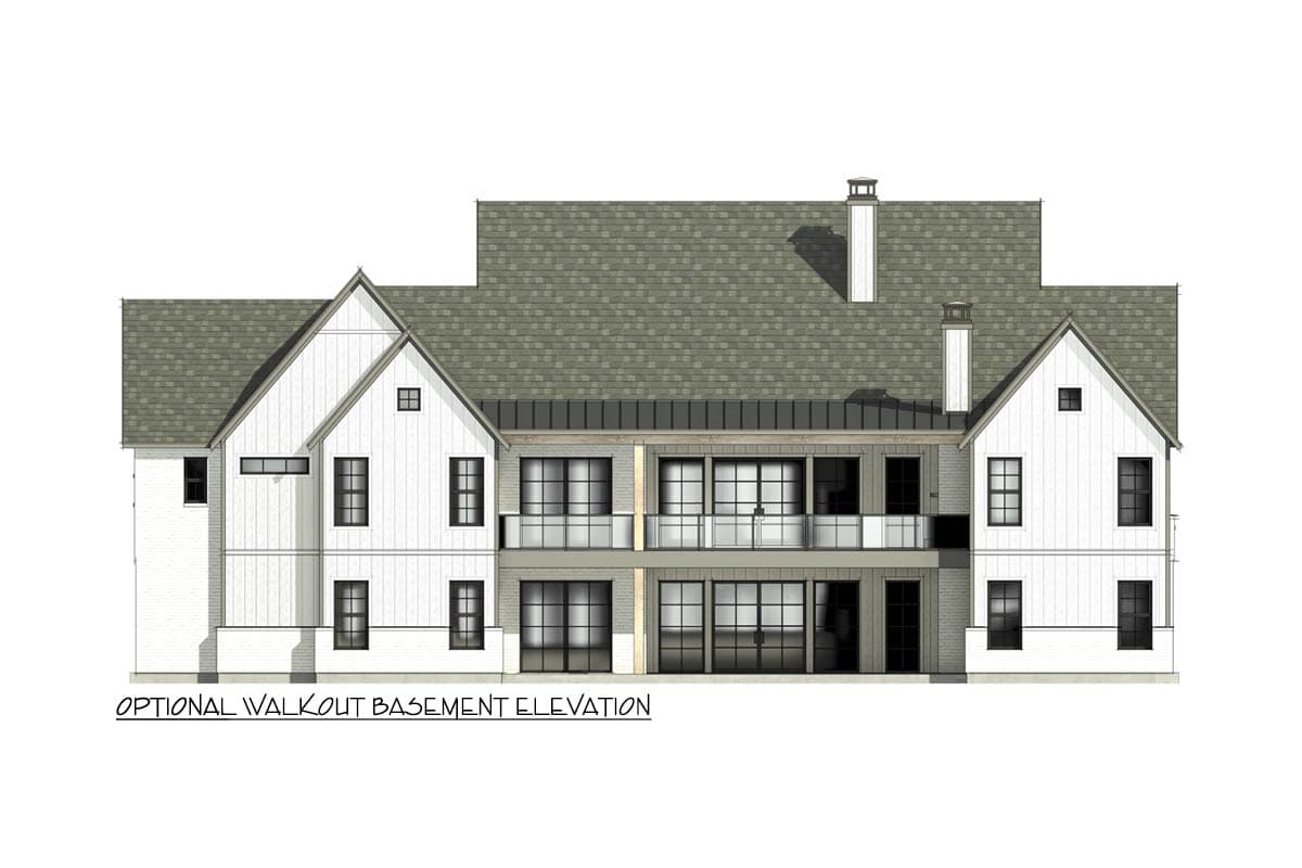 Front elevation drawing of a Modern Farmhouse style house plan featuring multiple gables, balconies, and large windows.