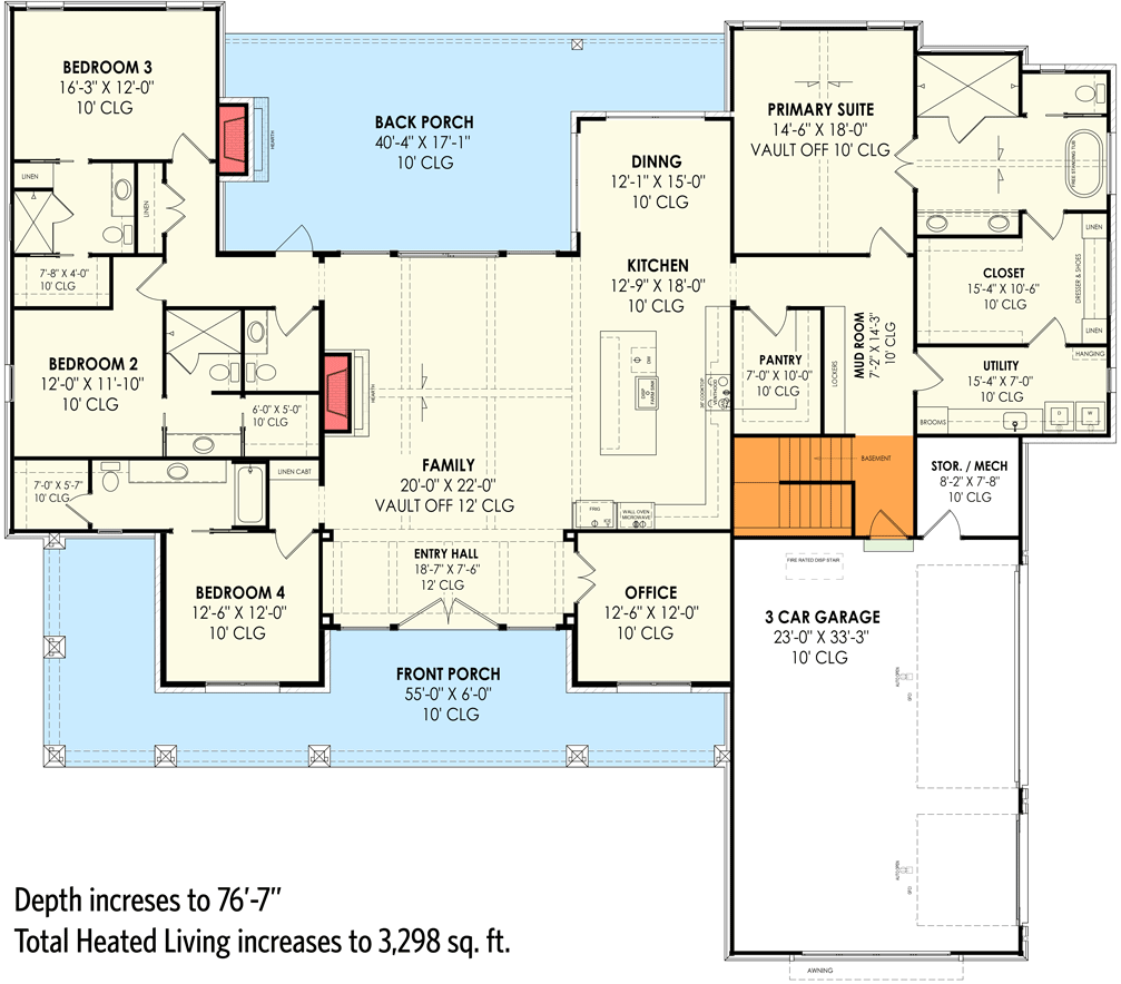 Plan 818074JSS: 4-Bed Modern Farmhouse with Home Office and Laundry Access from Master Suite - 3254 Sq Ft - Floor Plan - Main level - Basement Stair Location - Country, Craftsman, Farmhouse, Modern Farmhouse, New American, Transitional