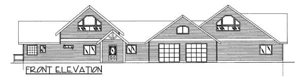 Front elevation drawing of a house plan with multiple gables, dormers, and a double garage.