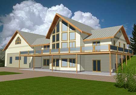 House plan exterior: Two-story modern home with large gable window wall, wrap-around deck, and attached garage.