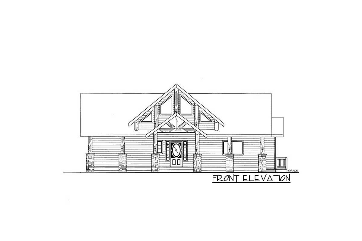 Front elevation house plan with a gable roof, stone-clad porch columns, and log siding.
