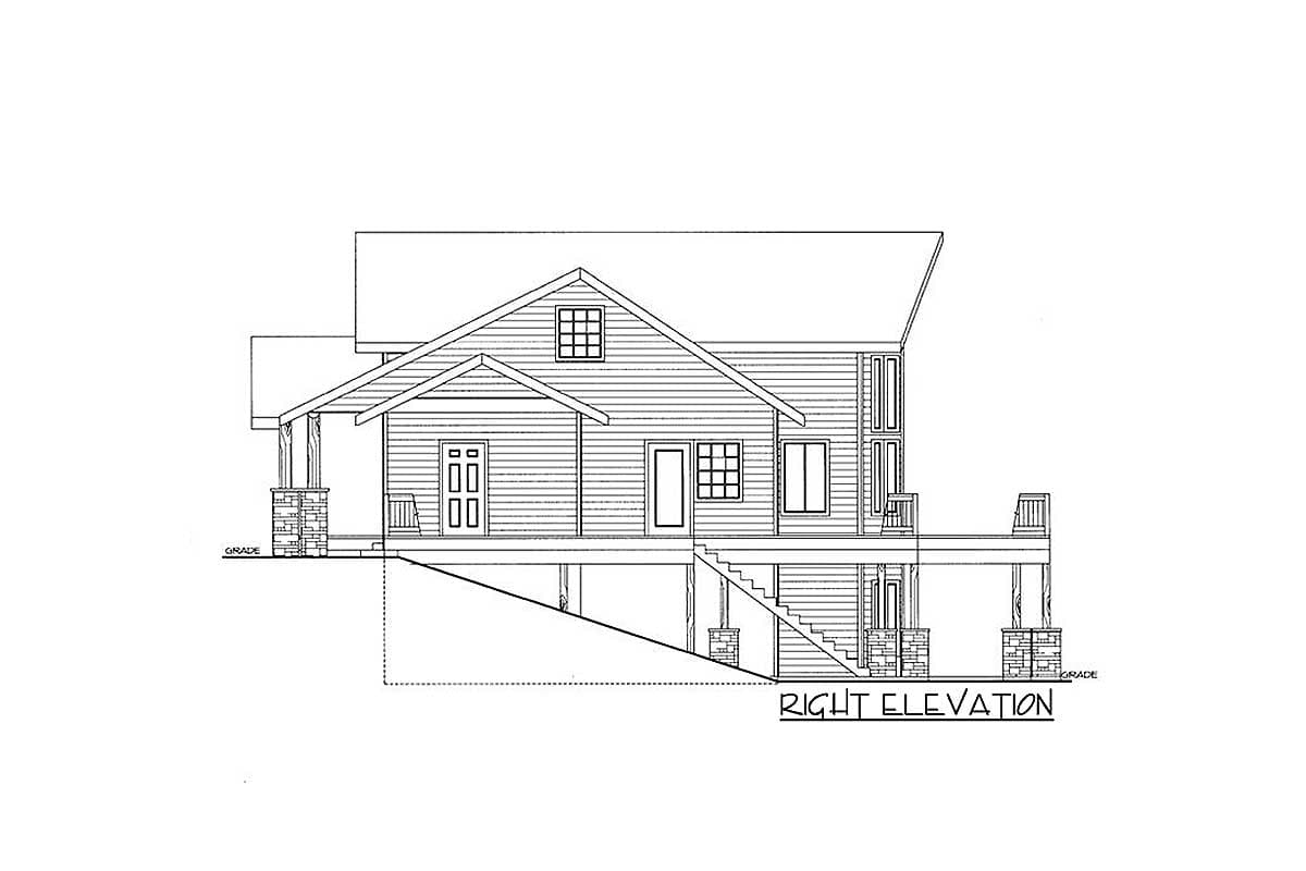 Right elevation house plan drawing shows a multi-story home with a covered porch, gables, dormers, and a deck.
