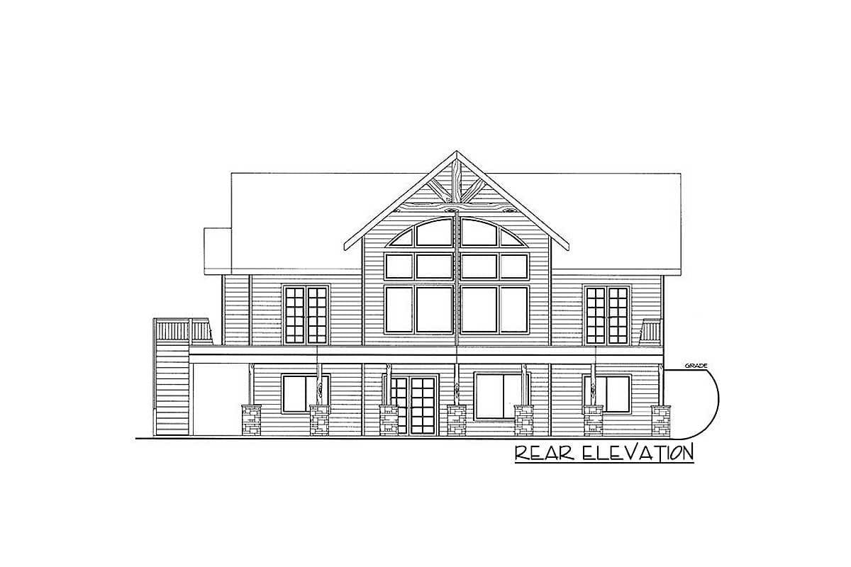 Rear elevation drawing of a two-story house plan with large arched window, deck, and covered porch with stone pillars.