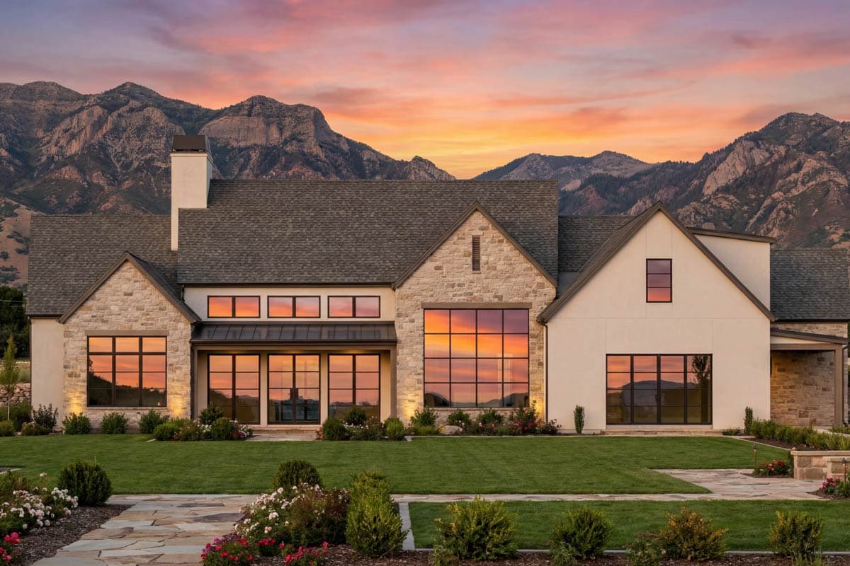 Modern Farmhouse house plan exterior with stone accents, a covered entryway, and large metal-framed windows.