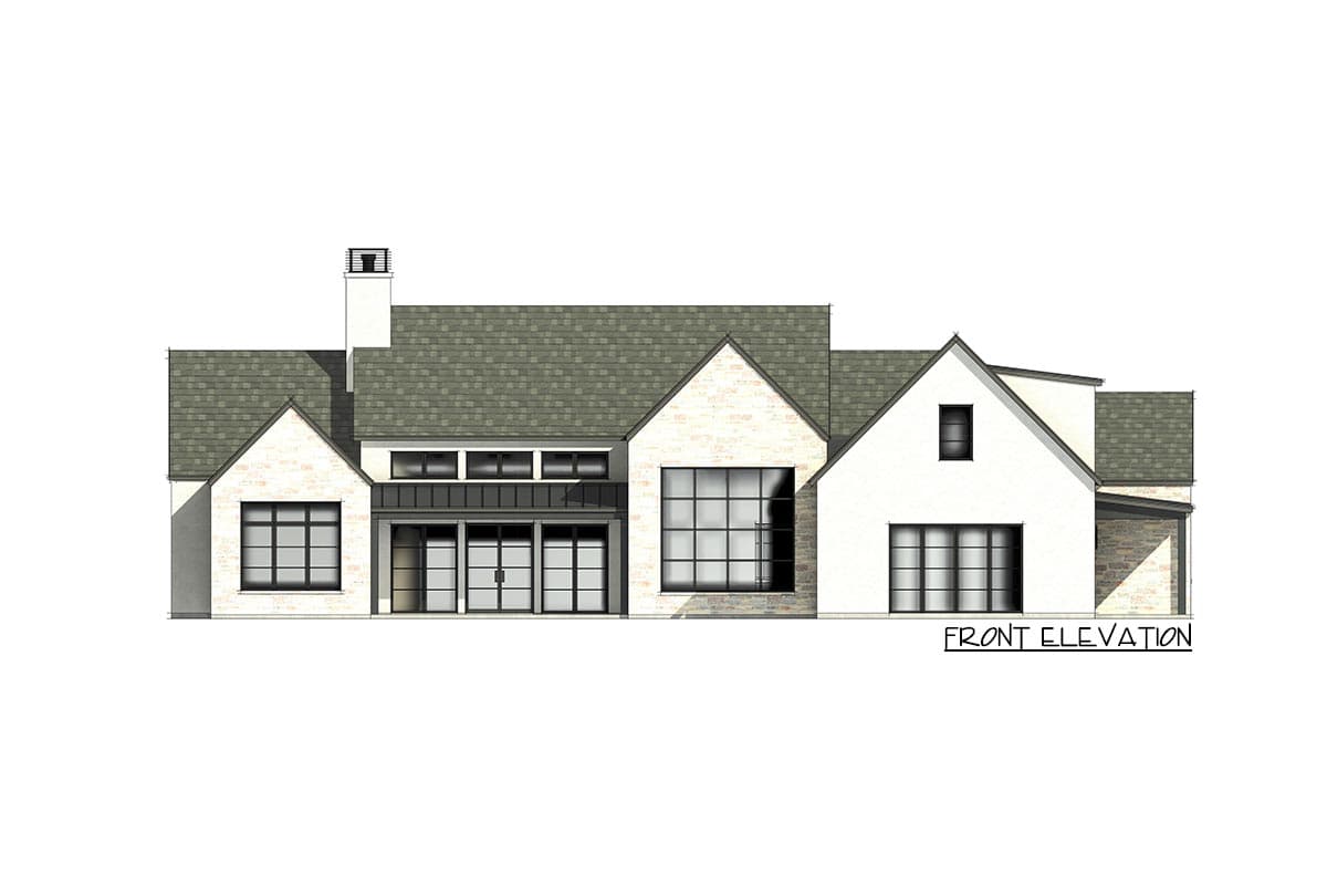 Front elevation of a two-story house plan with a pitched roof, large windows, and a chimney.