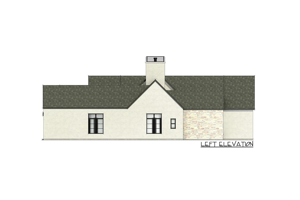 Left elevation drawing of a house plan featuring a gable roof, stone accent wall, and chimney.