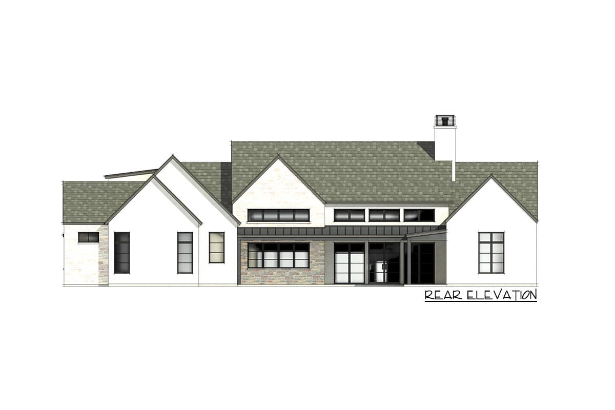 Rear elevation drawing of a modern house with multiple gables, stone accents, and large windows.