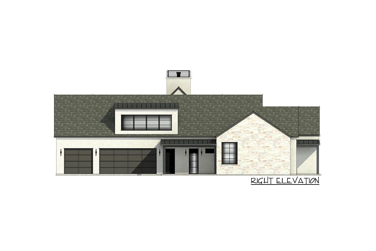 House plan right elevation with dual garage, stone and stucco facade, pitched roof, and modern window details.