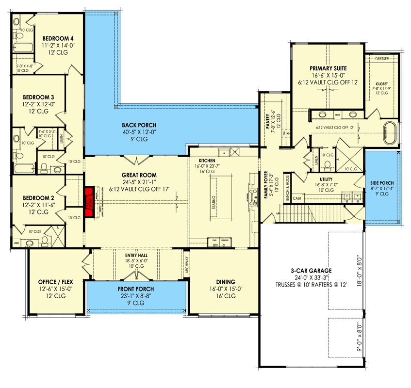 Plan 818075JSS: Rustic Farmhouse with 1st Floor Flex Room and Optional Bonus Room Above Garage - Floor Plan - Main Level - Contemporary, Country, Farmhouse, Modern Farmhouse, New American