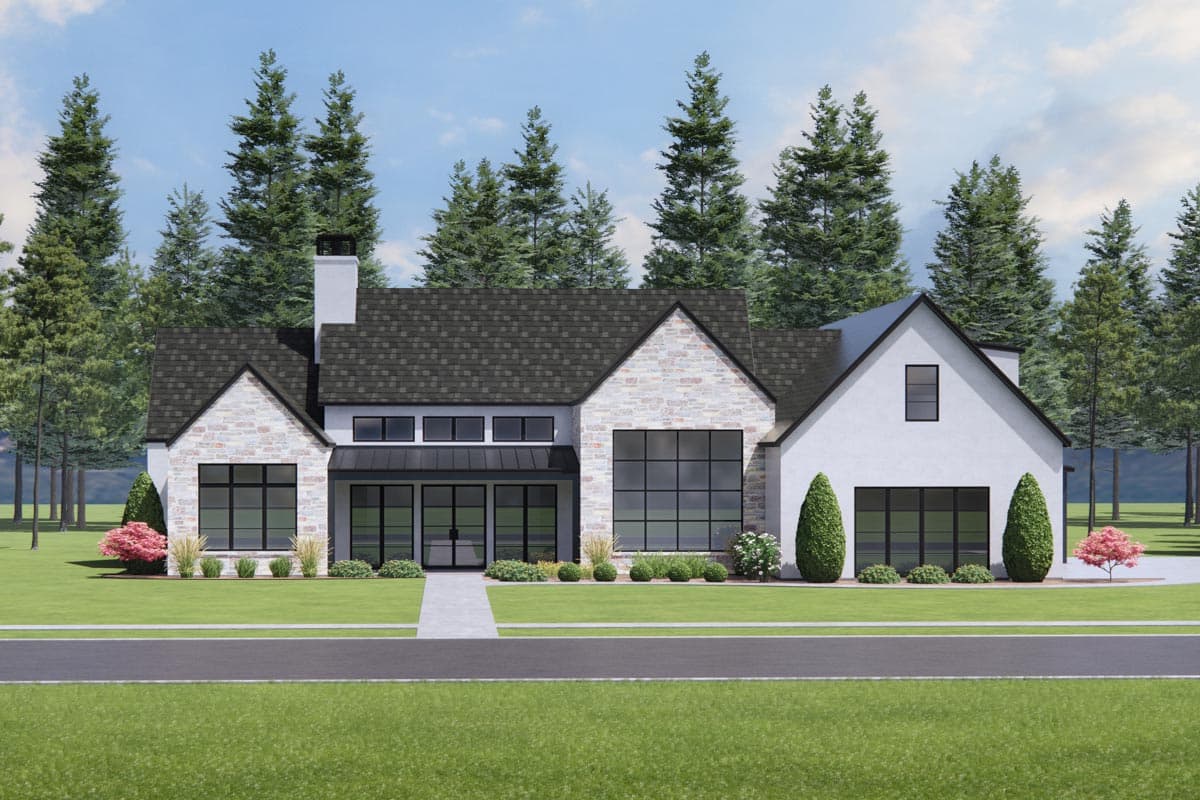 House plan exterior. Two-story Modern Farmhouse with stone and stucco facade, gabled roof, and covered entry porch with black metal accents.