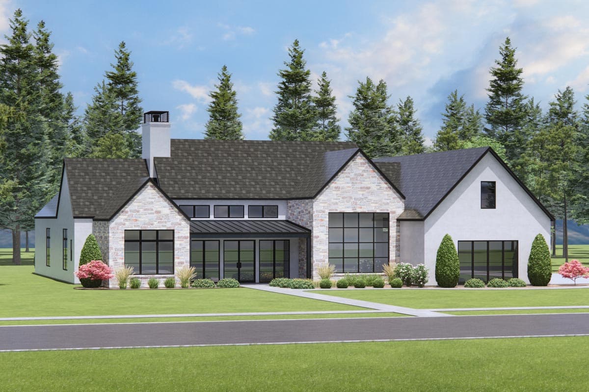 House plan exterior, Modern Farmhouse style, one story, stone and stucco facade, gabled roof, large windows, covered entry.