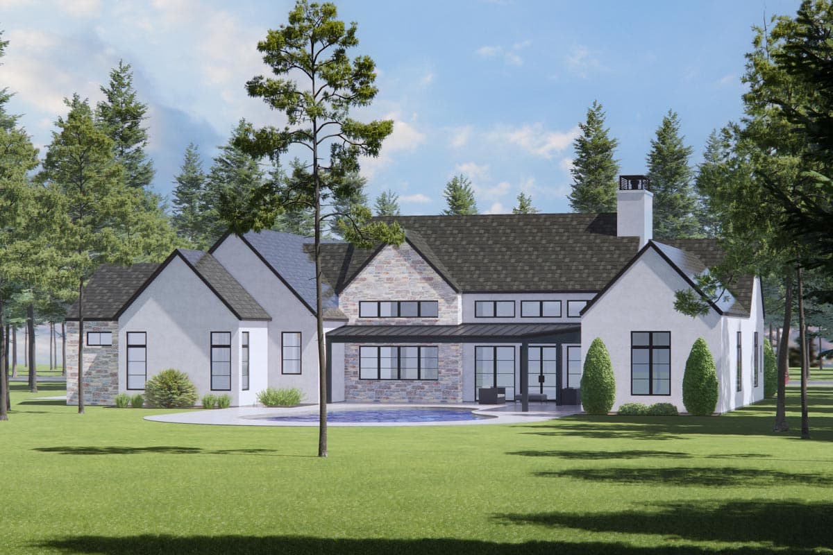 House plan exterior: Modern Farmhouse style, two stories, stone accents, gabled rooflines, and covered patio with pool.