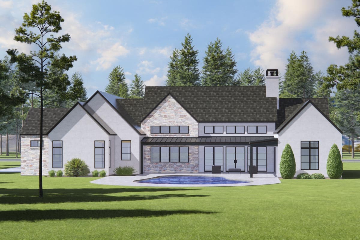 Modern house plan exterior with stone accents, multiple gables, and large windows overlooking a pool.