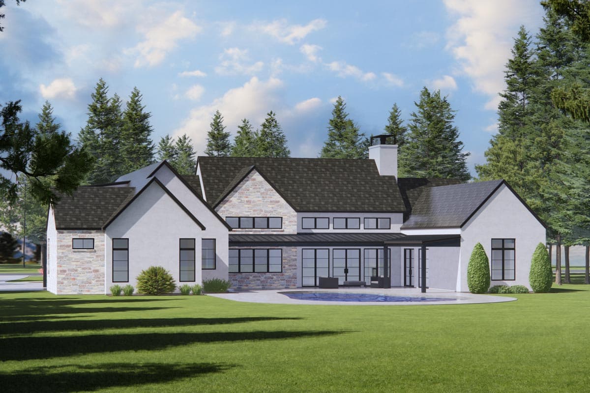 Modern house plan exterior featuring a mix of stucco and stone, multiple gables, and a covered patio overlooking a pool.