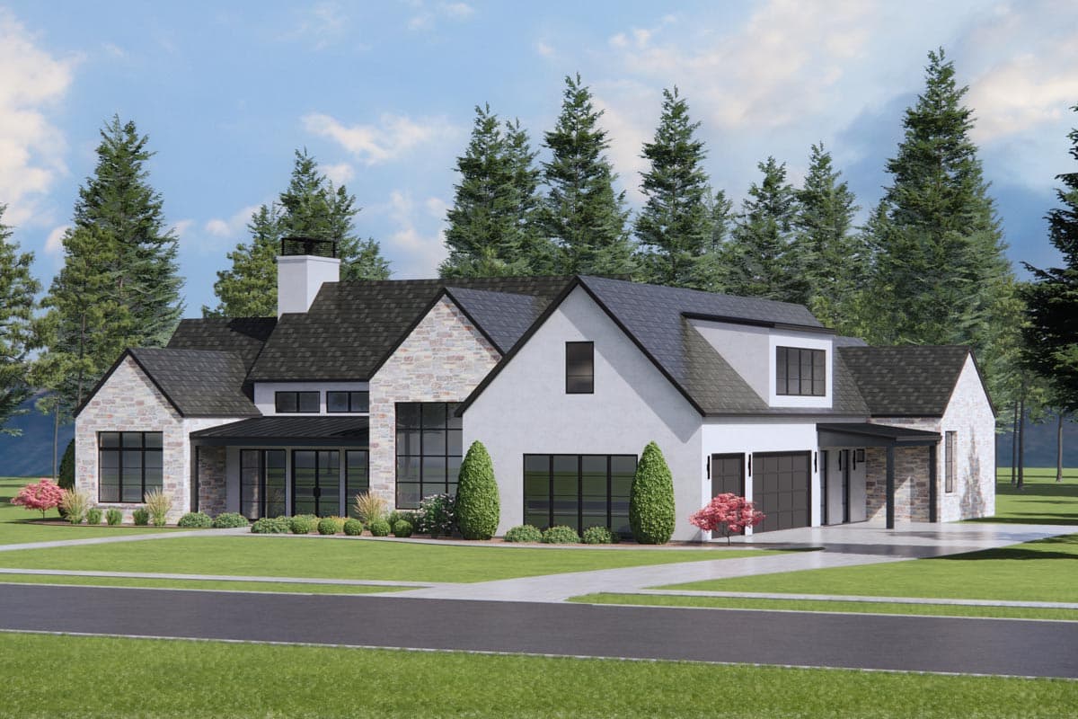 House plan exterior featuring stone and stucco, multiple gables, large windows, a covered entry, and a three-car garage.