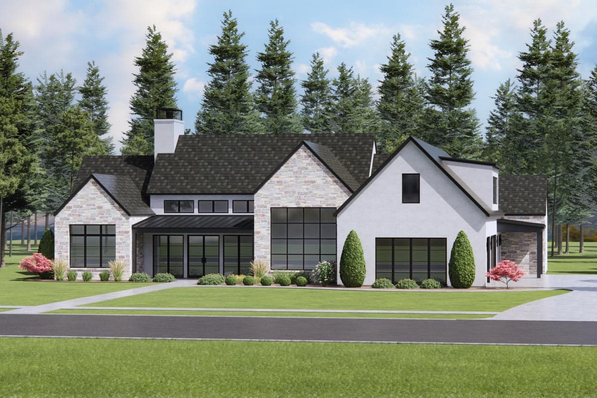 House plan exterior with stone and stucco facade, multiple gables, large windows, and a covered entrance.