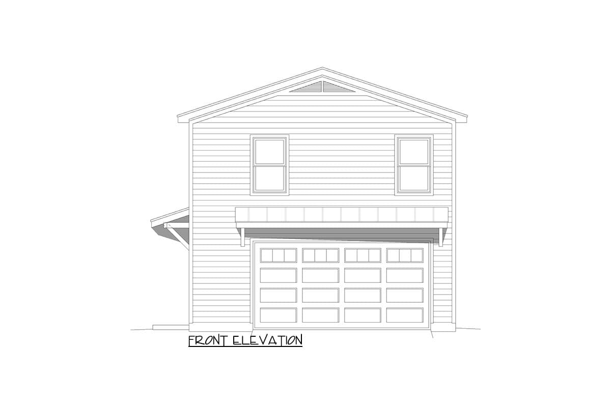 Front elevation drawing of a two-story house plan with a two-car garage, two upper windows, and a gable vent.