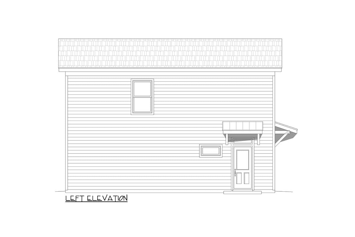 Left elevation drawing of a house with horizontal siding, a gabled roof, and a covered entryway with a single door.