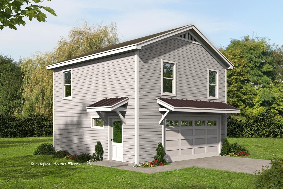 House plan exterior. Two-story structure with gable roof. Includes a garage and entry door with separate metal awnings.