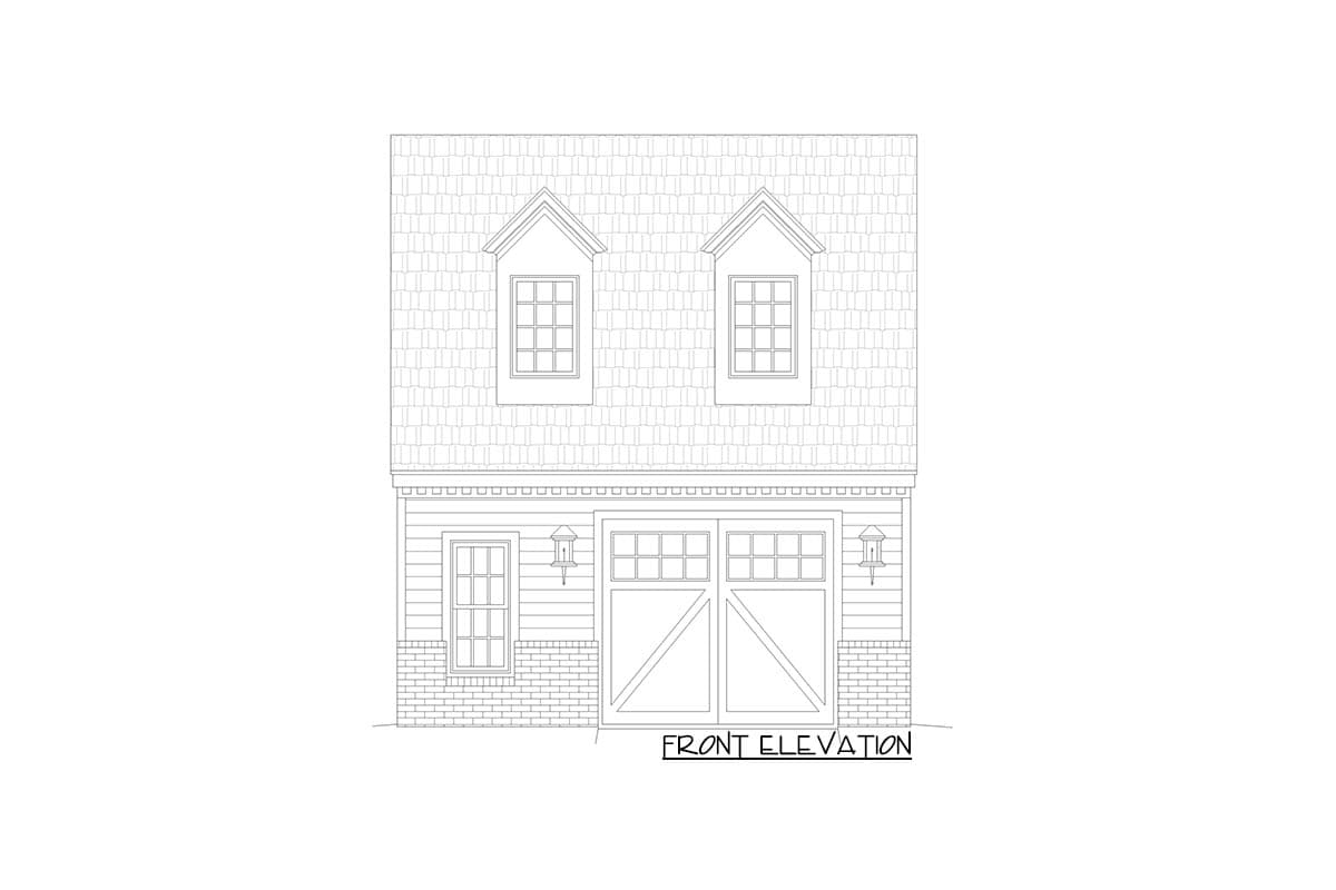 Front elevation drawing of a house plan with a two-car garage, a single door, and two dormer windows.