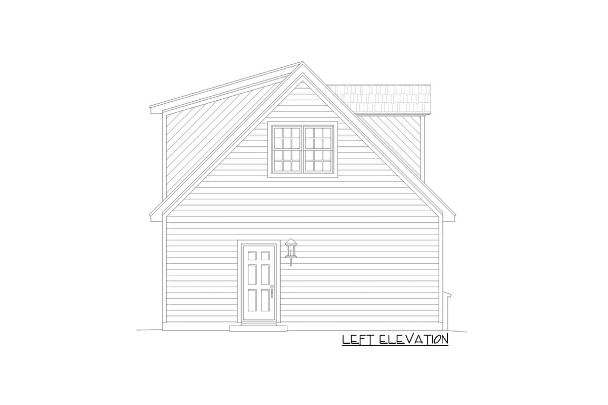 Left elevation house plan with a front door, a dormer window, and a steeply pitched gable roof.