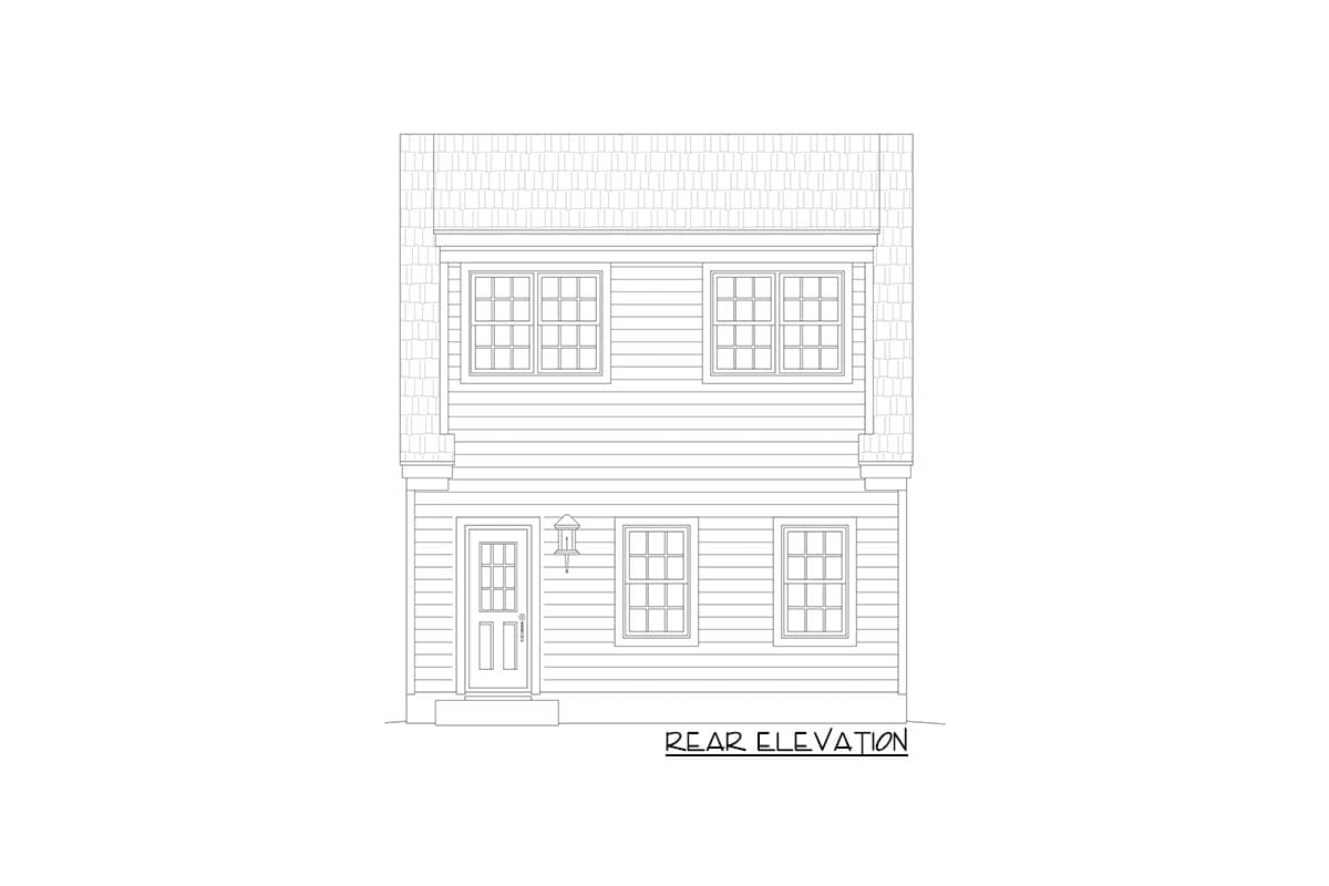 Rear elevation drawing of a two-story house plan with a central door, five windows, and shingle roof detail.