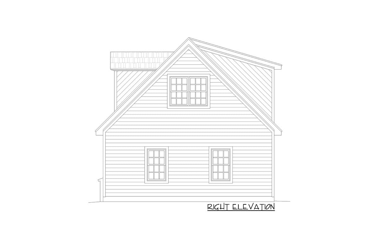 Right elevation drawing of a two-story house plan featuring horizontal siding, a prominent gable, and three multi-pane windows.