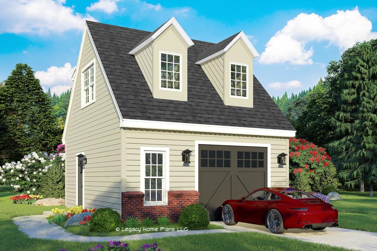 House plan exterior with two stories. Features include dormers, gabled roofline, and garage door. Includes a red sports car in the driveway.