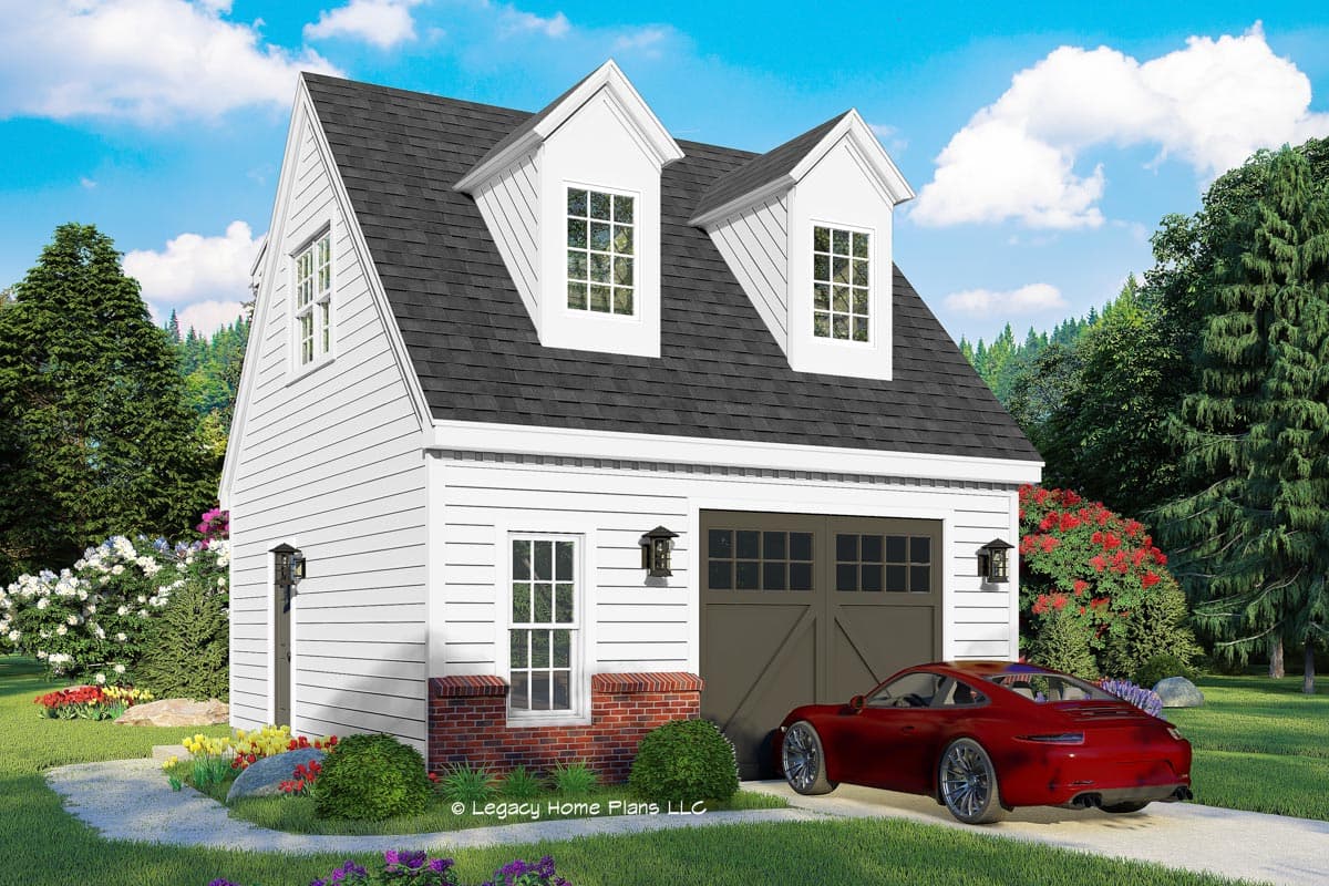 House plan exterior: Gable roof, two dormers, white siding, and a two-car garage door. Architectural style appears to be Modern Farmhouse.