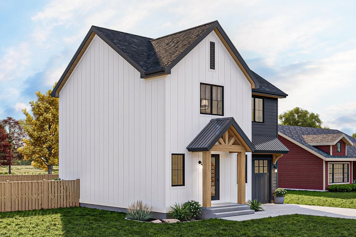 Modern Farmhouse house plan exterior with white vertical siding, dark roof, gabled entry porch with wood beams, and black windows.