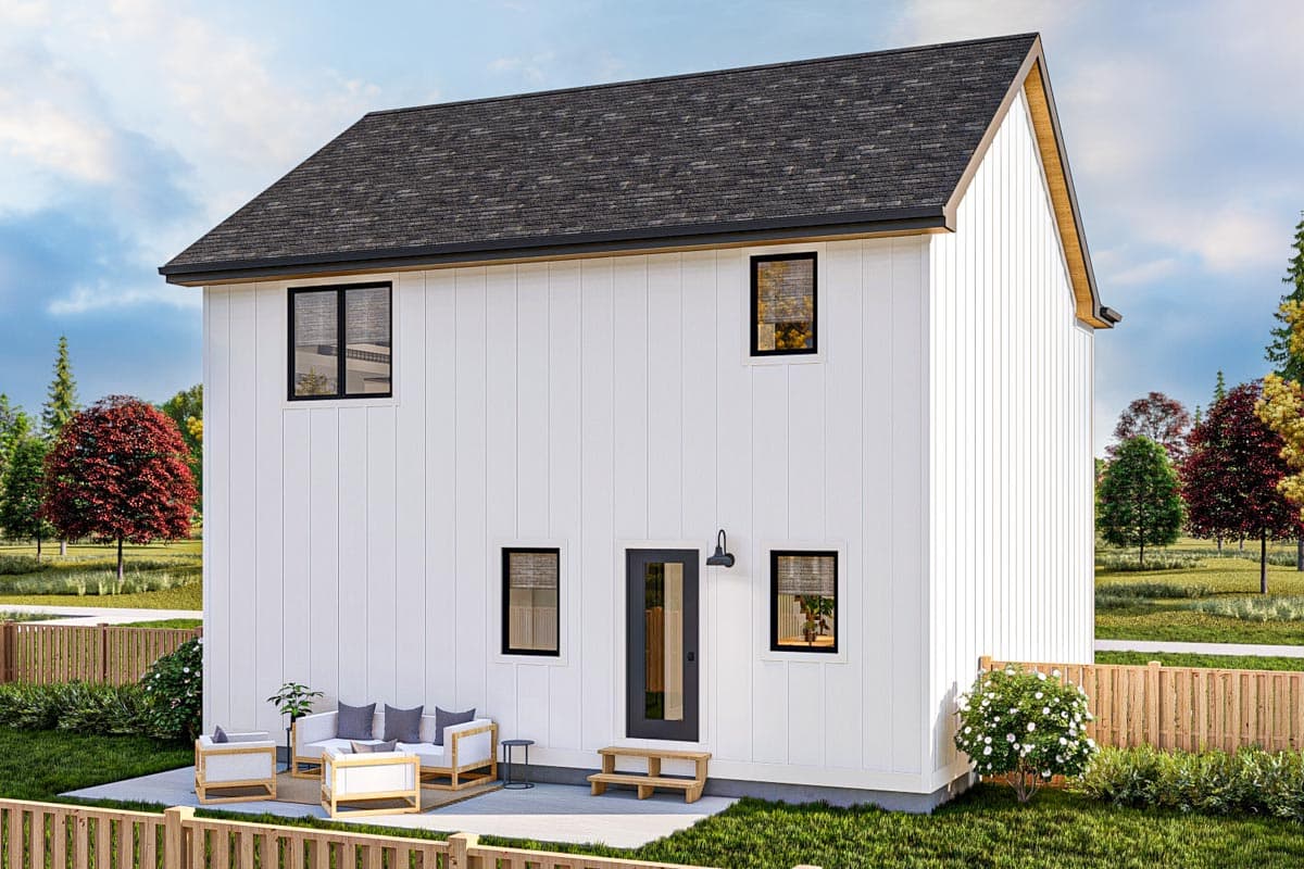 Modern two-story house plan exterior with vertical white siding, gable roof, and dark-framed windows.