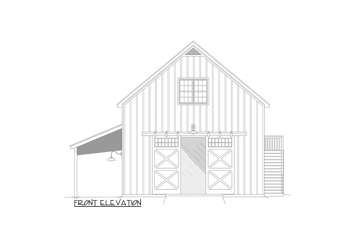 Front elevation of a two-story barn-style house plan with a gable roof, double barn doors, and a covered entryway.