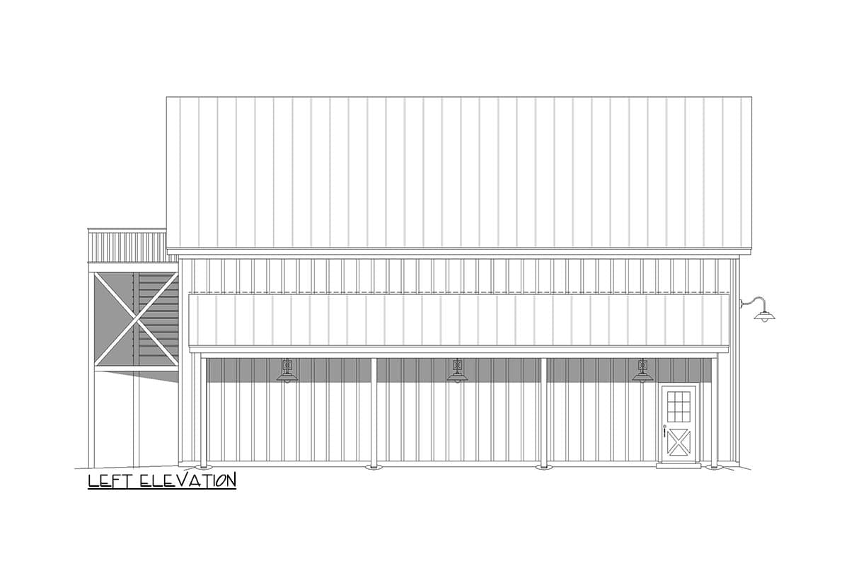 Left elevation house plan showing a two-story structure with a metal roof, covered porch, and a single door.