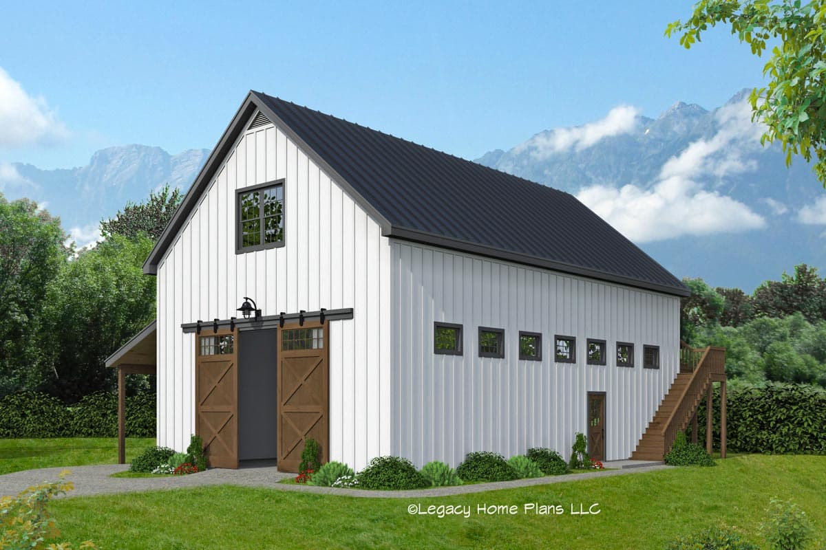 House plan exterior featuring a barn-style design with board and batten siding, a gable roof, and sliding barn doors.