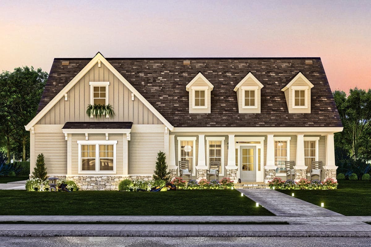House plan exterior with dormers, gables, front porch, and stone and siding facade.