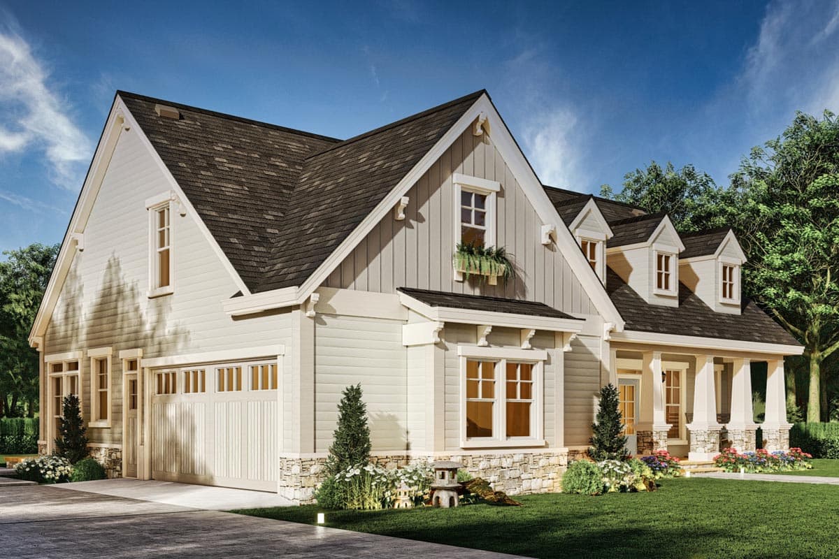 House plan exterior: Modern Farmhouse style, two stories, white siding, stone base, front-facing garage, and gabled dormers.