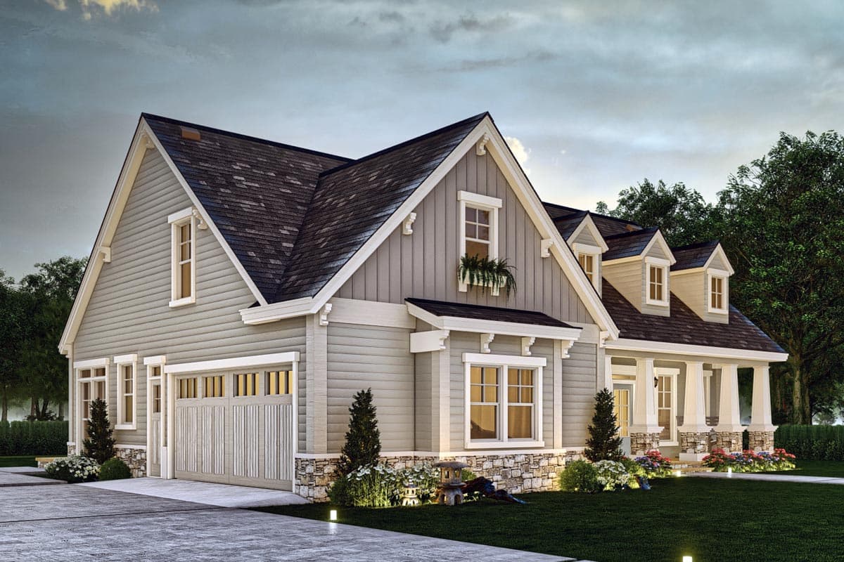 House plan exterior: Craftsman style, two stories, gable roof, front-facing garage, dormer windows, and covered porch with stone accents.