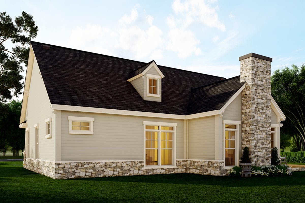 House plan exterior: Ranch style with stone wainscoting, a prominent stone chimney, and a dormer window.